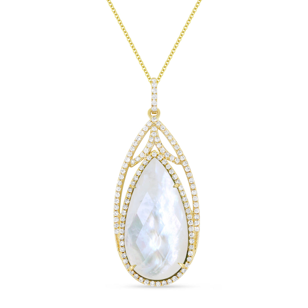 Beautiful Hand Crafted 14K Yellow Gold 10X20MM Mother Of Pearl And Diamond Essentials Collection Pendant