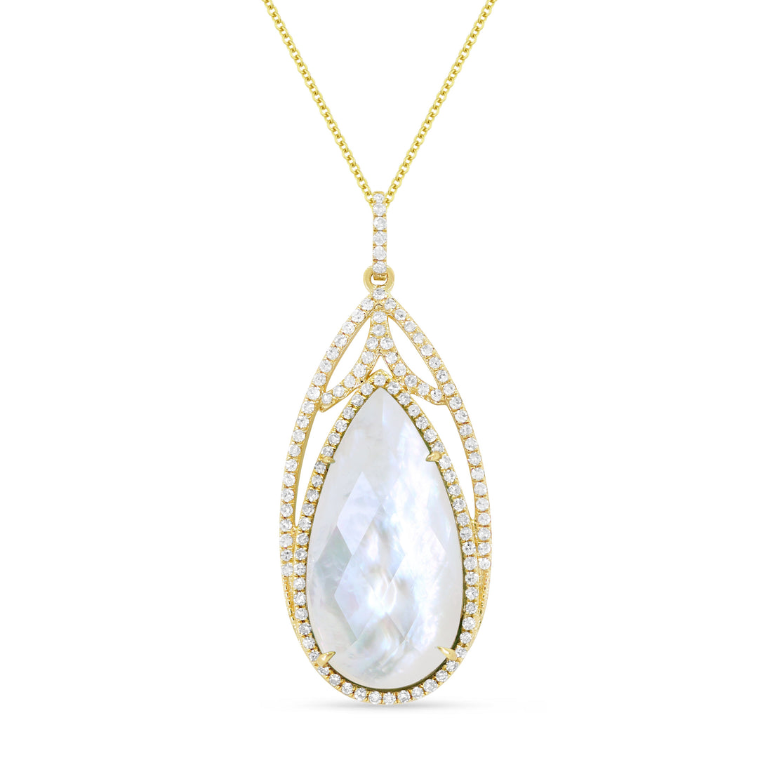 Beautiful Hand Crafted 14K Yellow Gold 10x20MM Mother Of Pearl And Diamond Essentials Collection Pendant