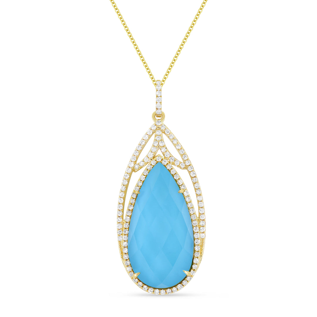 Beautiful Hand Crafted 14K Yellow Gold 10x20MM Turquoise And Diamond Essentials Collection Pendant