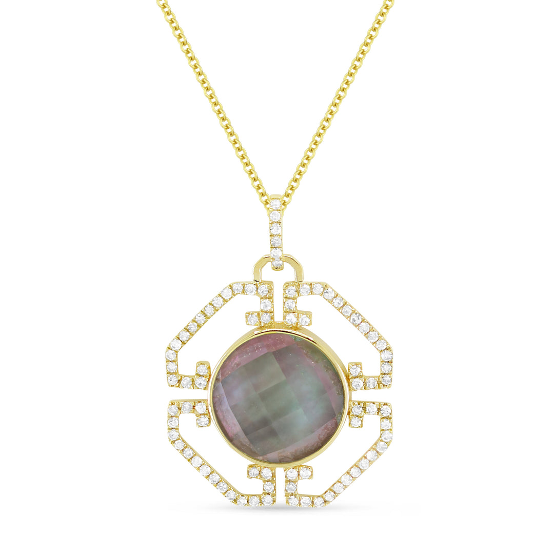 Beautiful Hand Crafted 14K Yellow Gold 10MM Black Mother Of Pearl And Diamond Essentials Collection Pendant