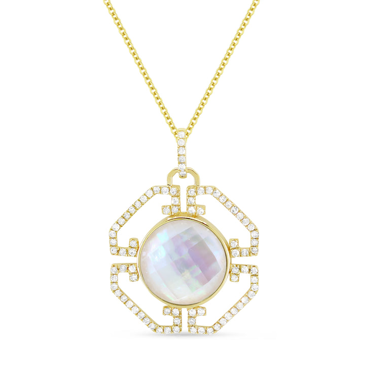 Beautiful Hand Crafted 14K Yellow Gold 10MM Mother Of Pearl And Diamond Essentials Collection Pendant