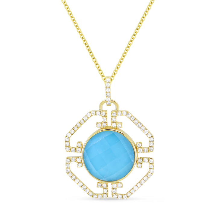 Beautiful Hand Crafted 14K Yellow Gold 10MM Turquoise And Diamond Essentials Collection Pendant