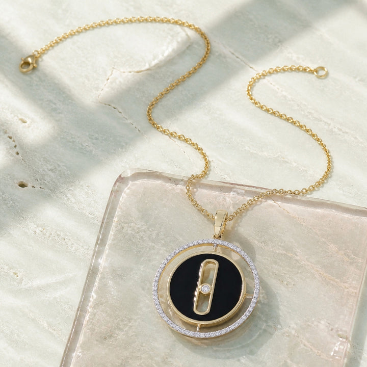 N1640 - 14K Yellow Gold Black Onyx & Turquoise Round Pendant