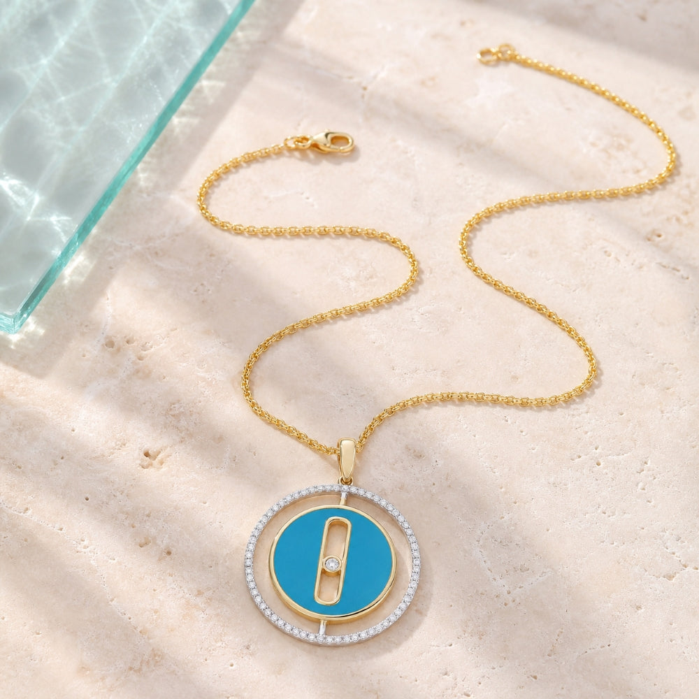 N1640 - 14K Yellow Gold Black Onyx & Turquoise Round Pendant