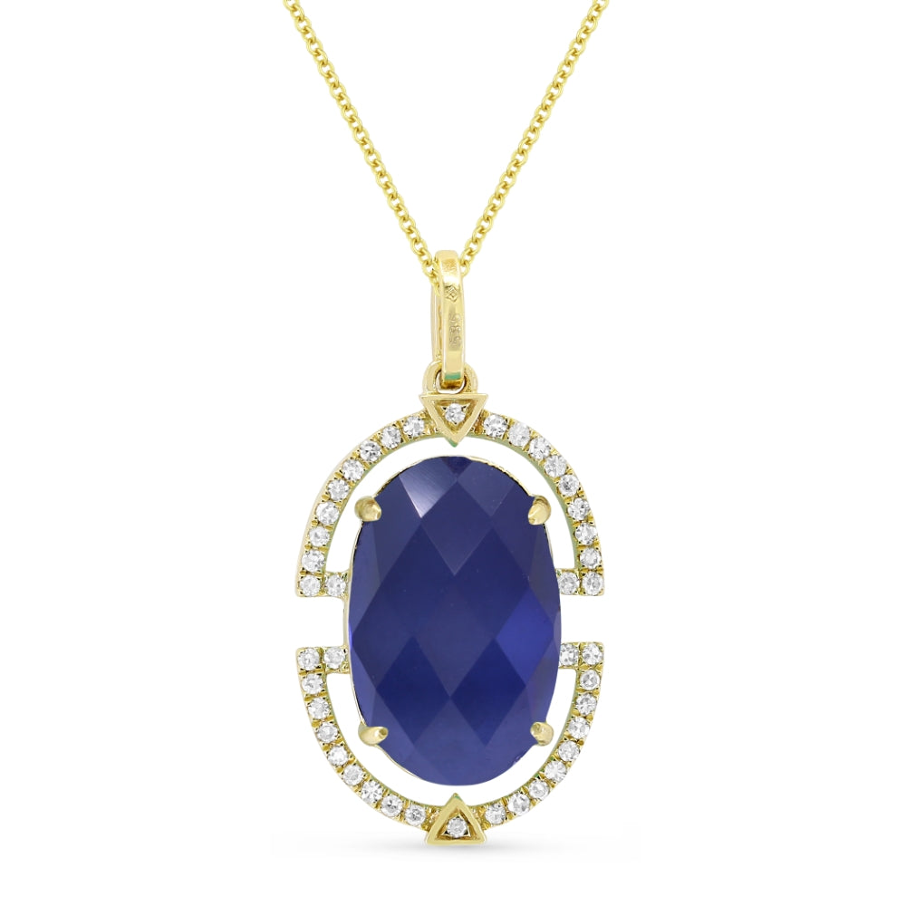 Beautiful Hand Crafted 14K Yellow Gold 9X13MM Created Sapphire And Diamond Essentials Collection Pendant