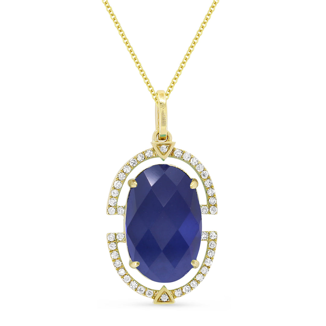 Beautiful Hand Crafted 14K Yellow Gold 9X13MM Created Sapphire And Diamond Essentials Collection Pendant