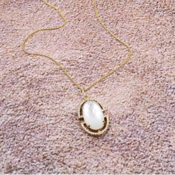 Beautiful Hand Crafted 14K Yellow Gold 9X13MM Mother Of Pearl And Diamond Essentials Collection Pendant