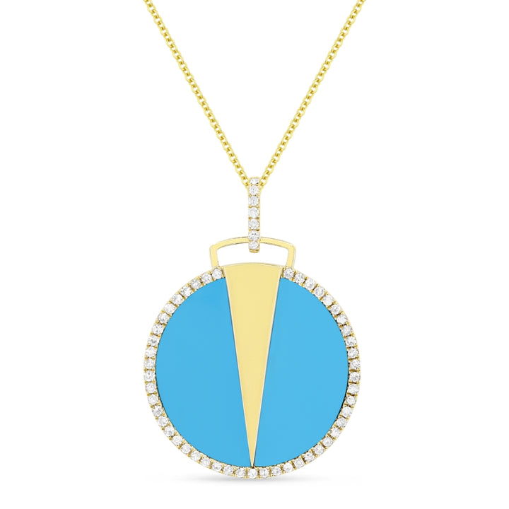 Beautiful Hand Crafted 14K Yellow Gold 18MM Turquoise And Diamond Milano Collection Pendant