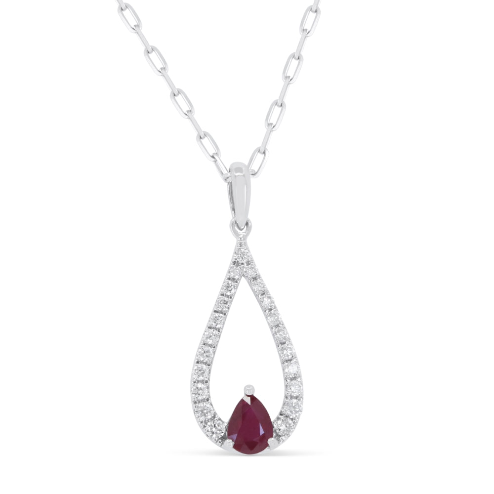 Beautiful Hand Crafted 14K White Gold 3X4MM Ruby And Diamond Arianna Collection Pendant