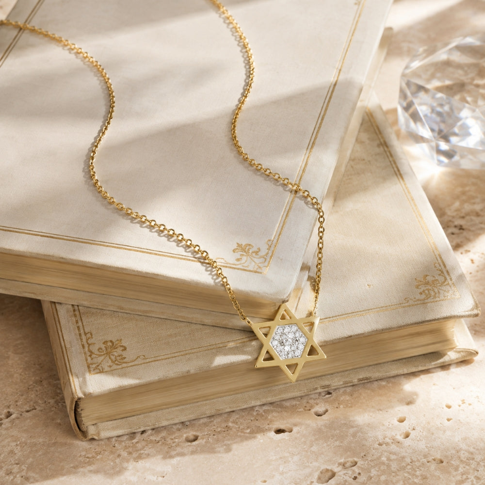 N1701 - 14K Yellow Gold Diamond Jewish Star Necklace