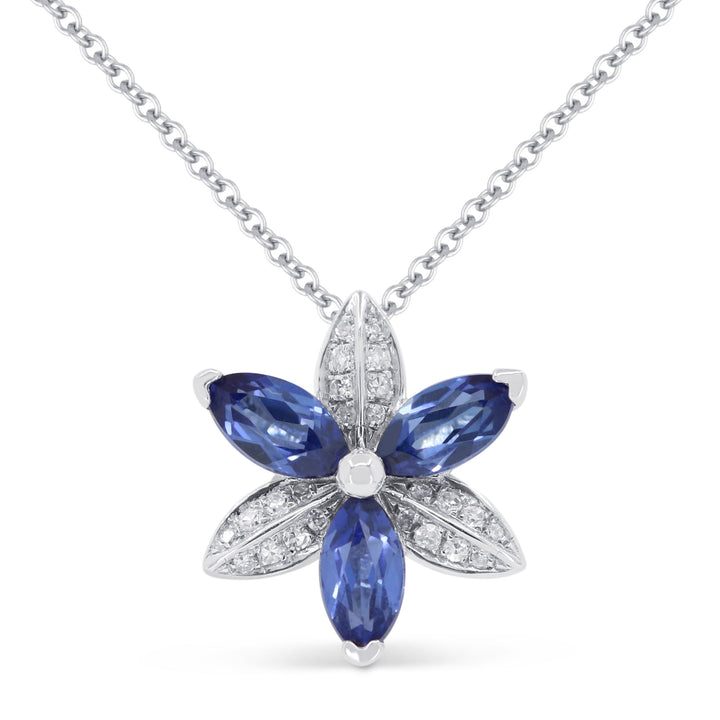 Beautiful Hand Crafted 14K White Gold 3X5MM Created Sapphire And Diamond Essentials Collection Pendant