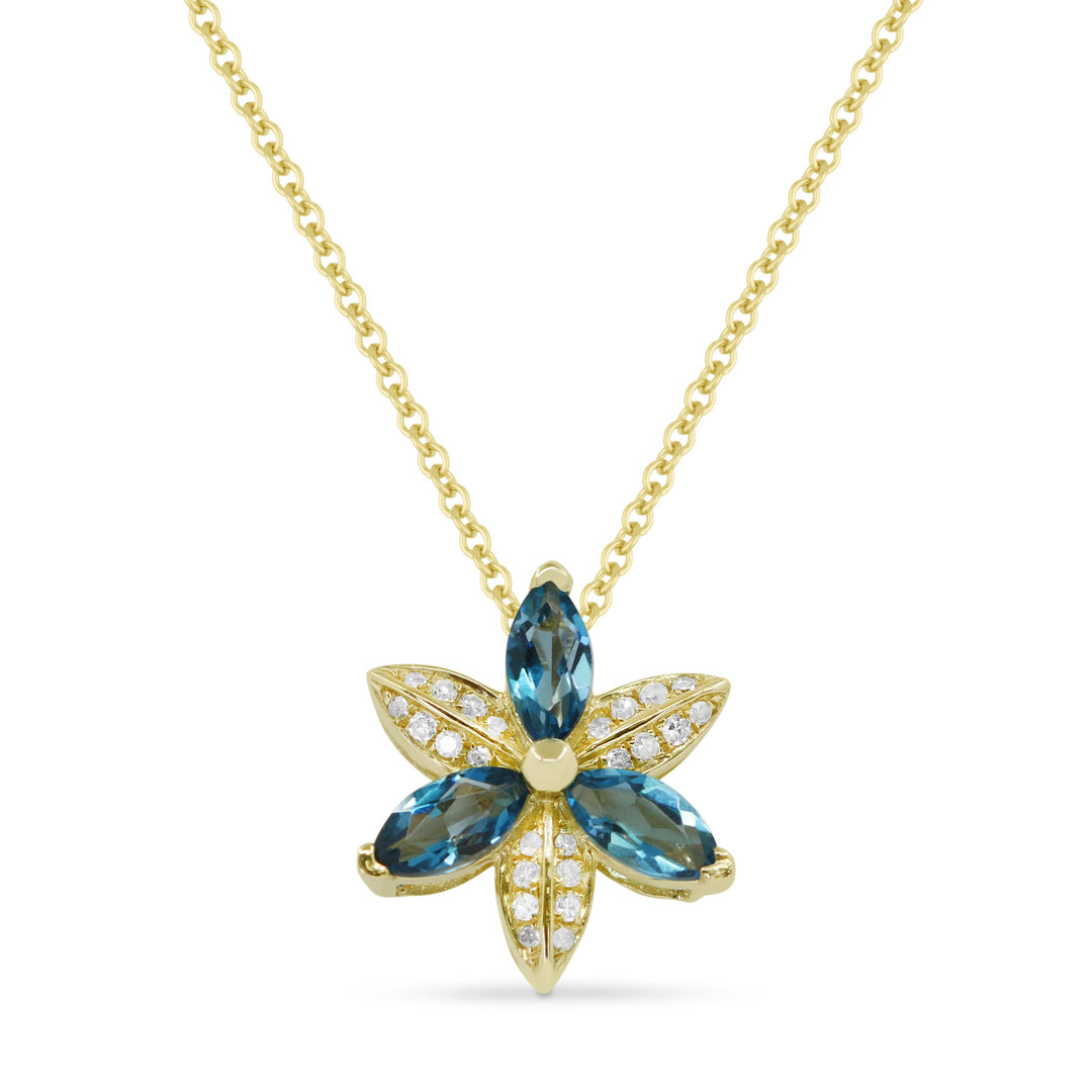 Beautiful Hand Crafted 14K Yellow Gold 3X5MM London Blue Topaz And Diamond Essentials Collection Pendant