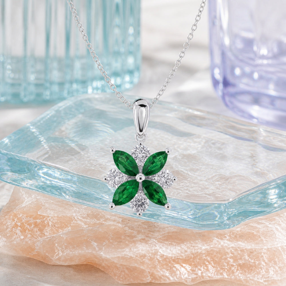 N1731 - 14K White Gold Emerald, Ruby & Sapphire Flower Pendant