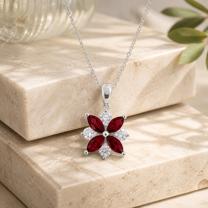N1731 - 14K White Gold Emerald, Ruby & Sapphire Flower Pendant
