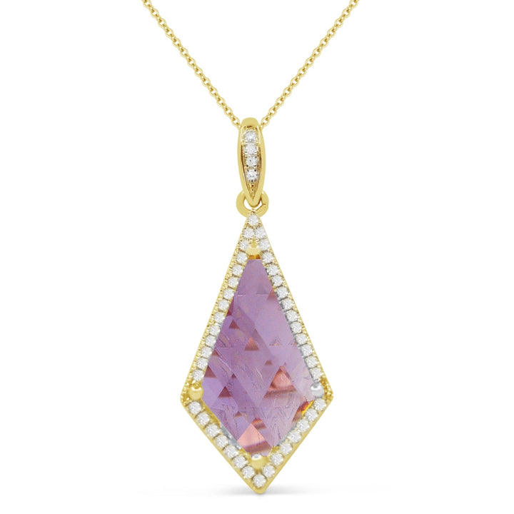 Beautiful Hand Crafted 14K Yellow Gold 8X15MM Amethyst And Diamond Essentials Collection Pendant