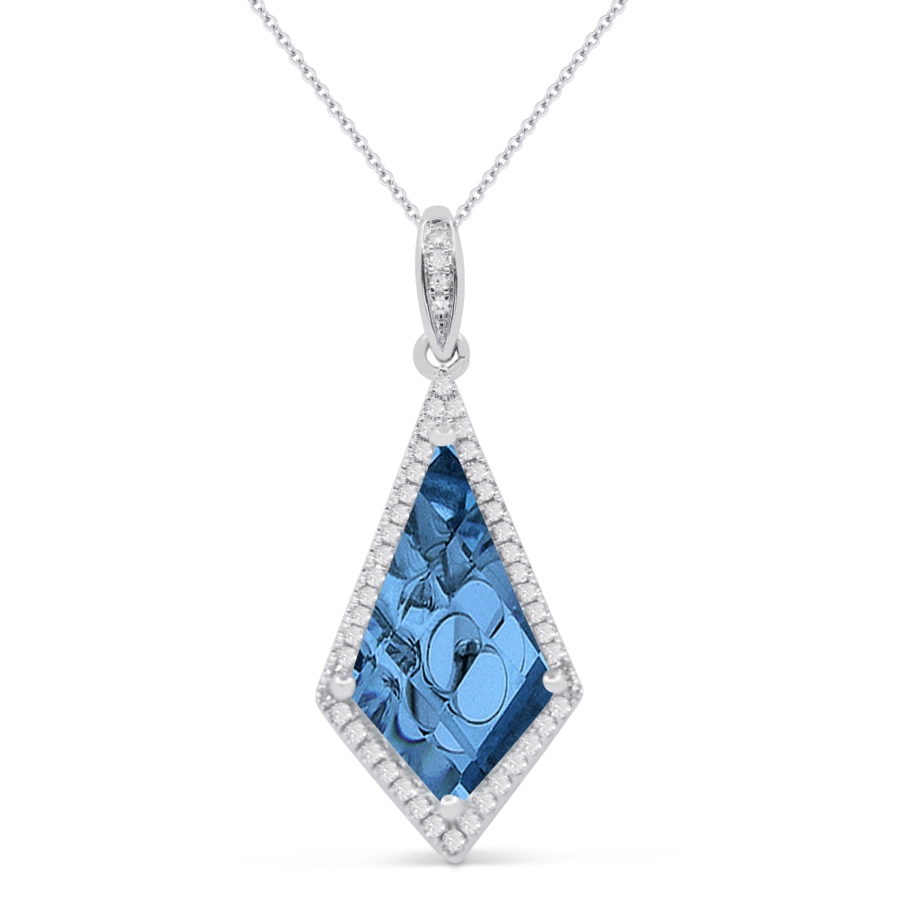 Beautiful Hand Crafted 14K White Gold 8X15MM London Blue Topaz And Diamond Essentials Collection Pendant