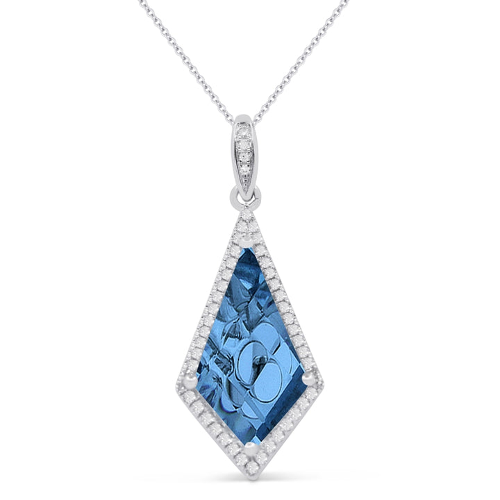 Beautiful Hand Crafted 14K White Gold 8X15MM London Blue Topaz And Diamond Essentials Collection Pendant