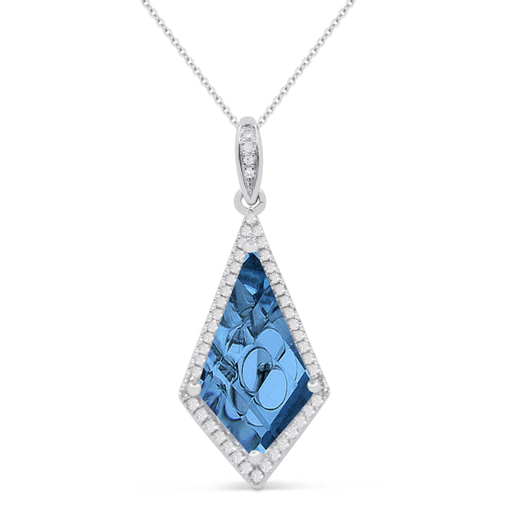 Beautiful Hand Crafted 14K White Gold 8X15MM London Blue Topaz And Diamond Essentials Collection Pendant