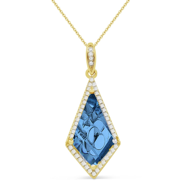 Beautiful Hand Crafted 14K Yellow Gold 8X15MM London Blue Topaz And Diamond Essentials Collection Pendant