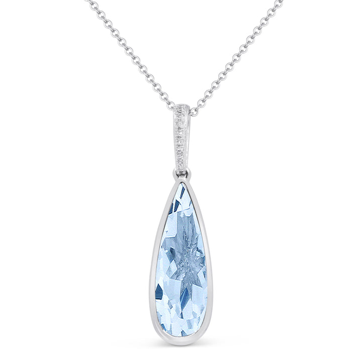 Beautiful Hand Crafted 14K White Gold 6X18MM Blue Topaz And Diamond Essentials Collection Pendant