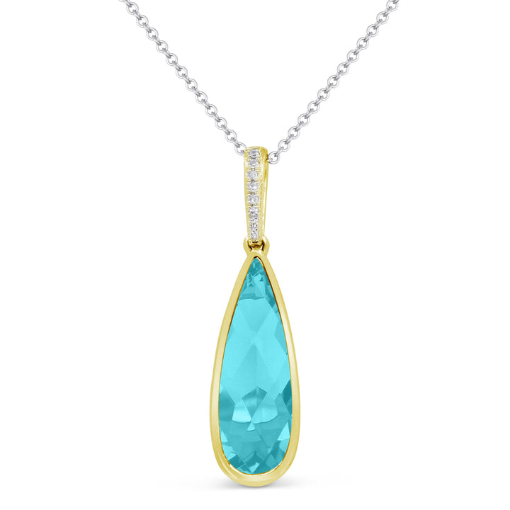 Beautiful Hand Crafted 14K Yellow Gold 6X18MM Created Tourmaline Paraiba And Diamond Essentials Collection Pendant