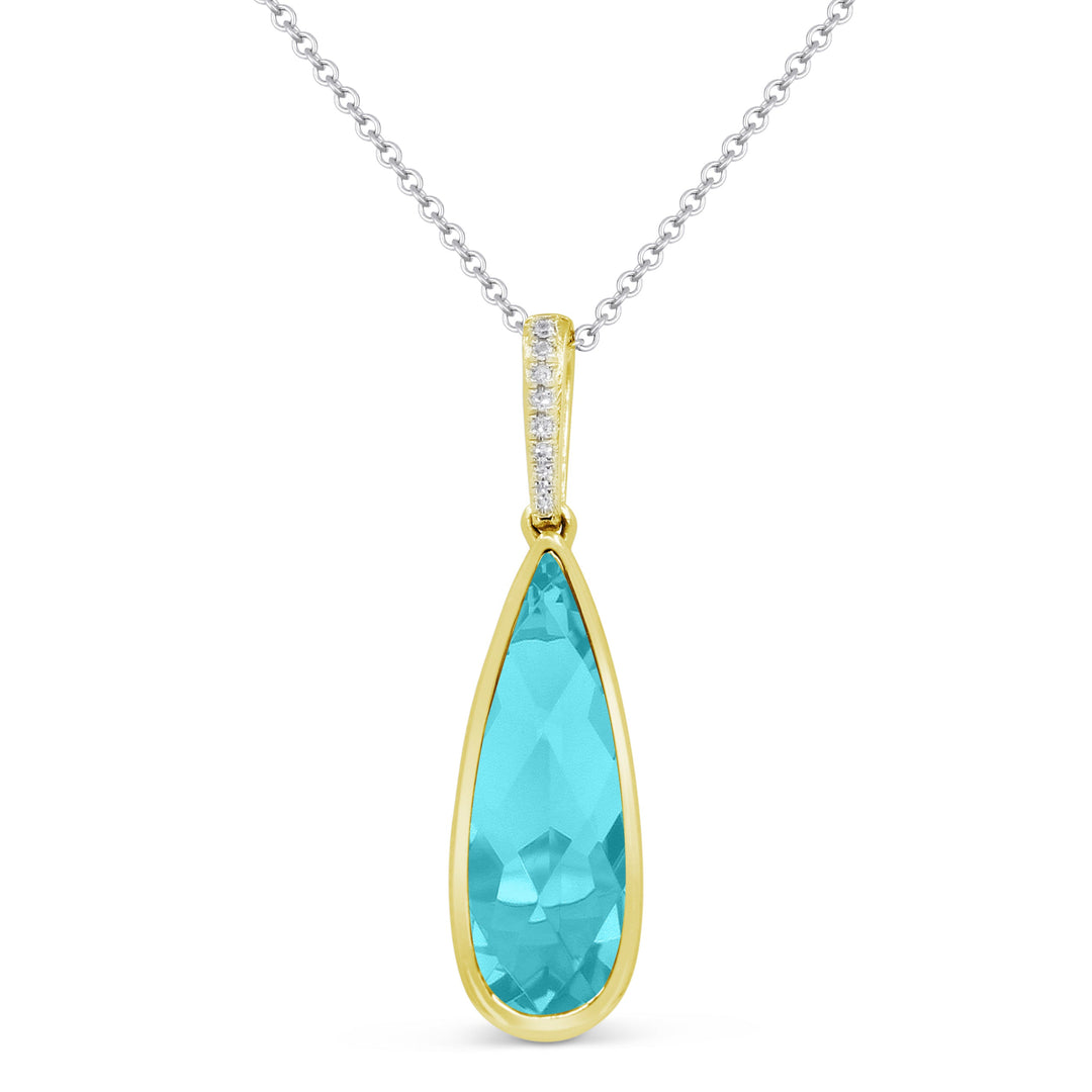 Beautiful Hand Crafted 14K Yellow Gold 6X18MM Created Tourmaline Paraiba And Diamond Essentials Collection Pendant