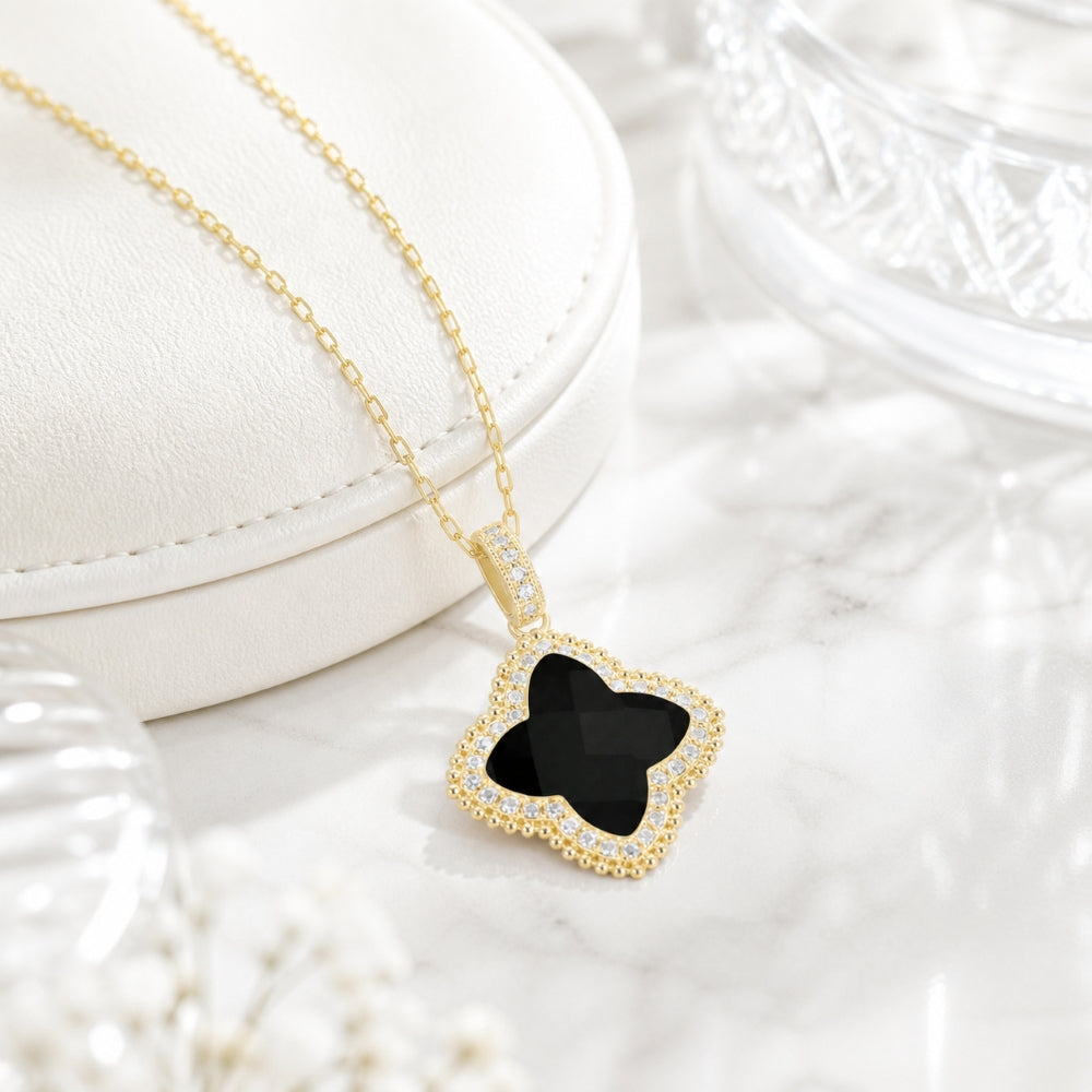 N1741 - 14K Yellow Gold Black Onyx, Mother of Pearl & Turquoise Flower Pendant