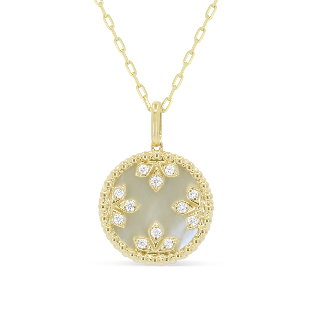 Beautiful Hand Crafted 14K Yellow Gold  Mother Of Pearl And Diamond Milano Collection Pendant