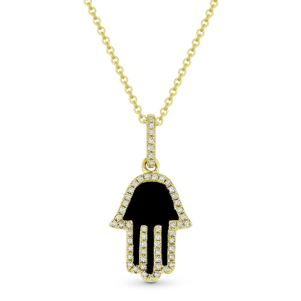 Beautiful Hand Crafted 14K Yellow Gold 10X13MM Black Onyx And Diamond Religious Collection Pendant