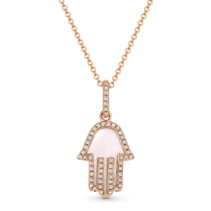 Beautiful Hand Crafted 14K Rose Gold 10x13MM Mother Of Pearl And Diamond Religious Collection Pendant