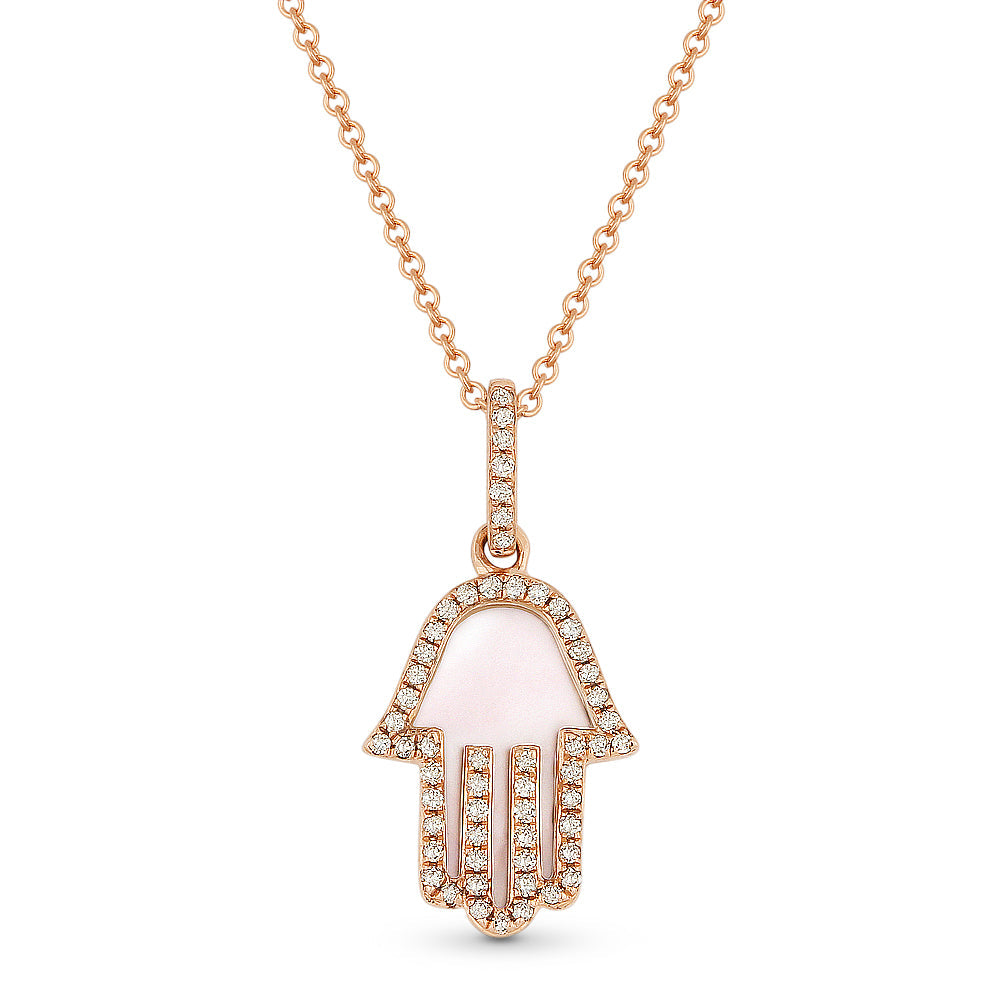 Beautiful Hand Crafted 14K Rose Gold 10X13MM Mother Of Pearl And Diamond Religious Collection Pendant