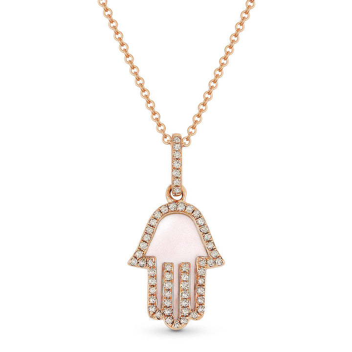 Beautiful Hand Crafted 14K Rose Gold 10X13MM Mother Of Pearl And Diamond Religious Collection Pendant