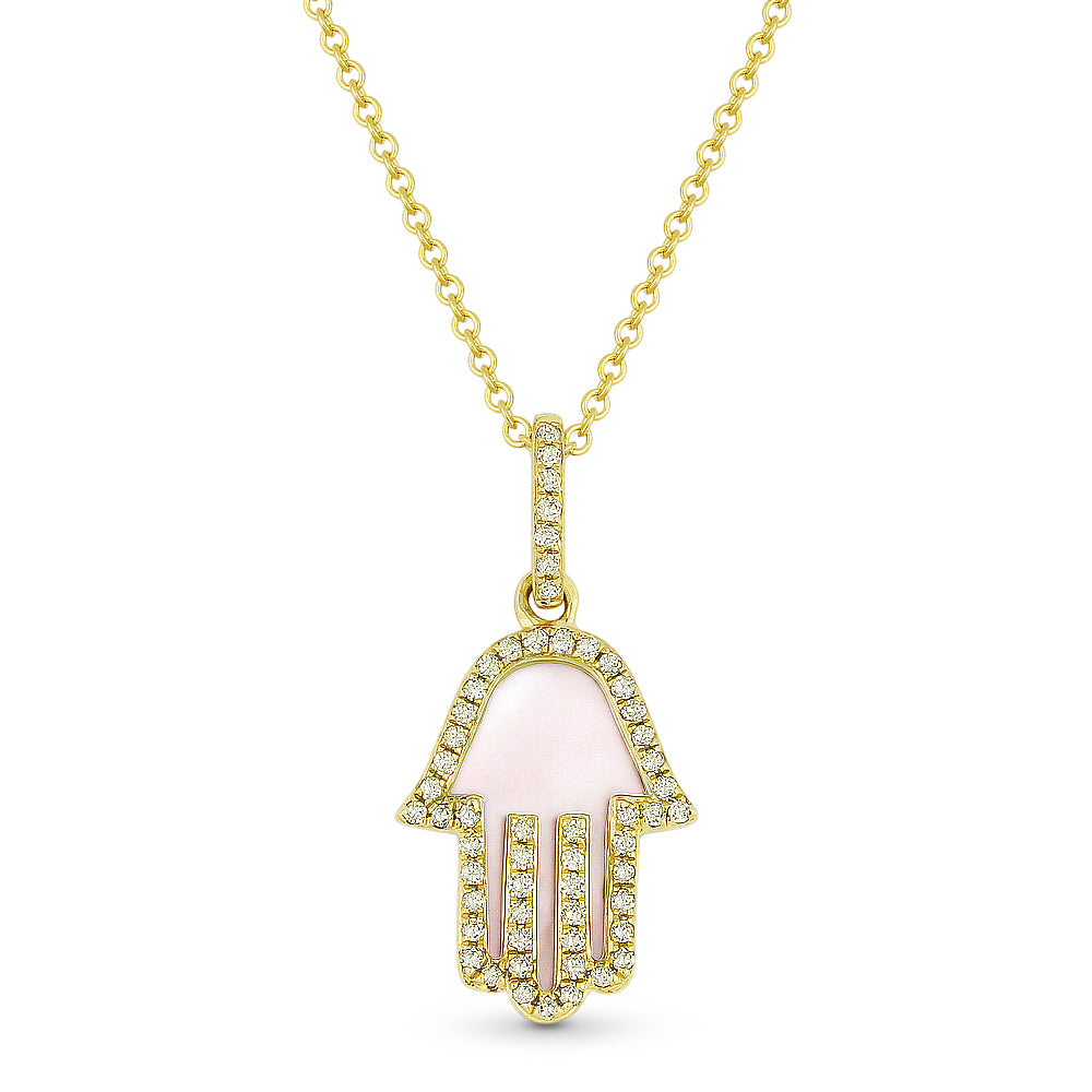 Beautiful Hand Crafted 14K Yellow Gold 10X13MM Mother Of Pearl And Diamond Religious Collection Pendant