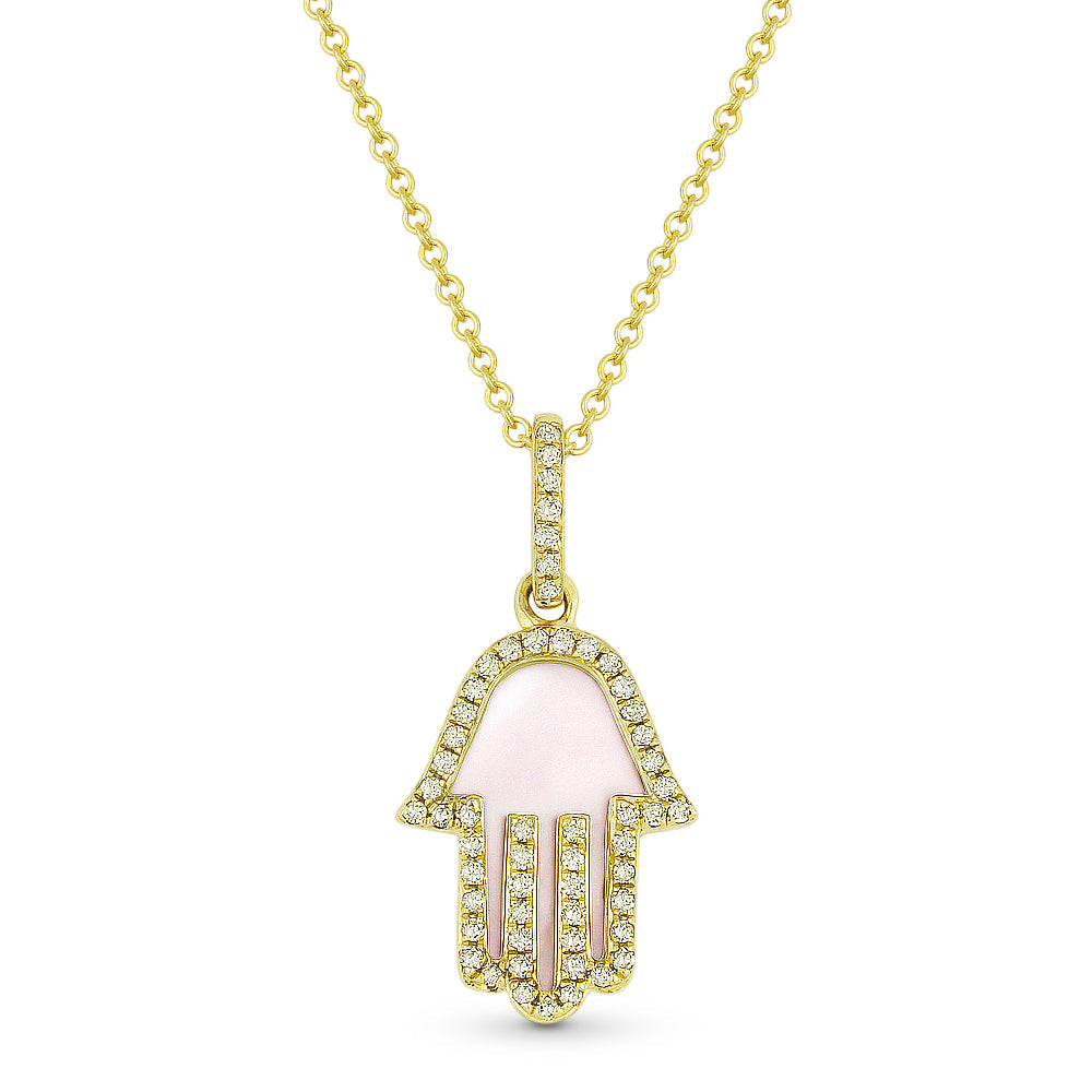 Beautiful Hand Crafted 14K Yellow Gold 10x13MM Mother Of Pearl And Diamond Religious Collection Pendant