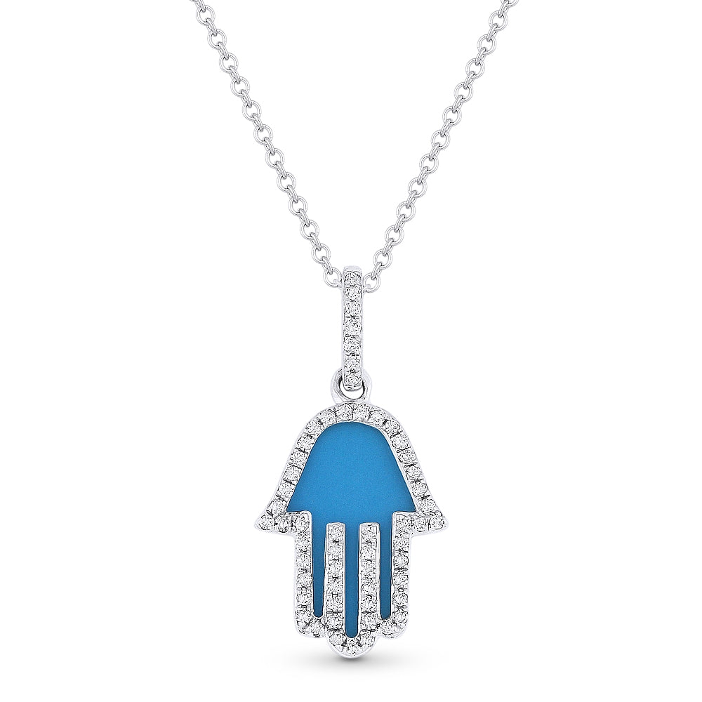 Beautiful Hand Crafted 14K White Gold 10X13MM Turquoise And Diamond Religious Collection Pendant