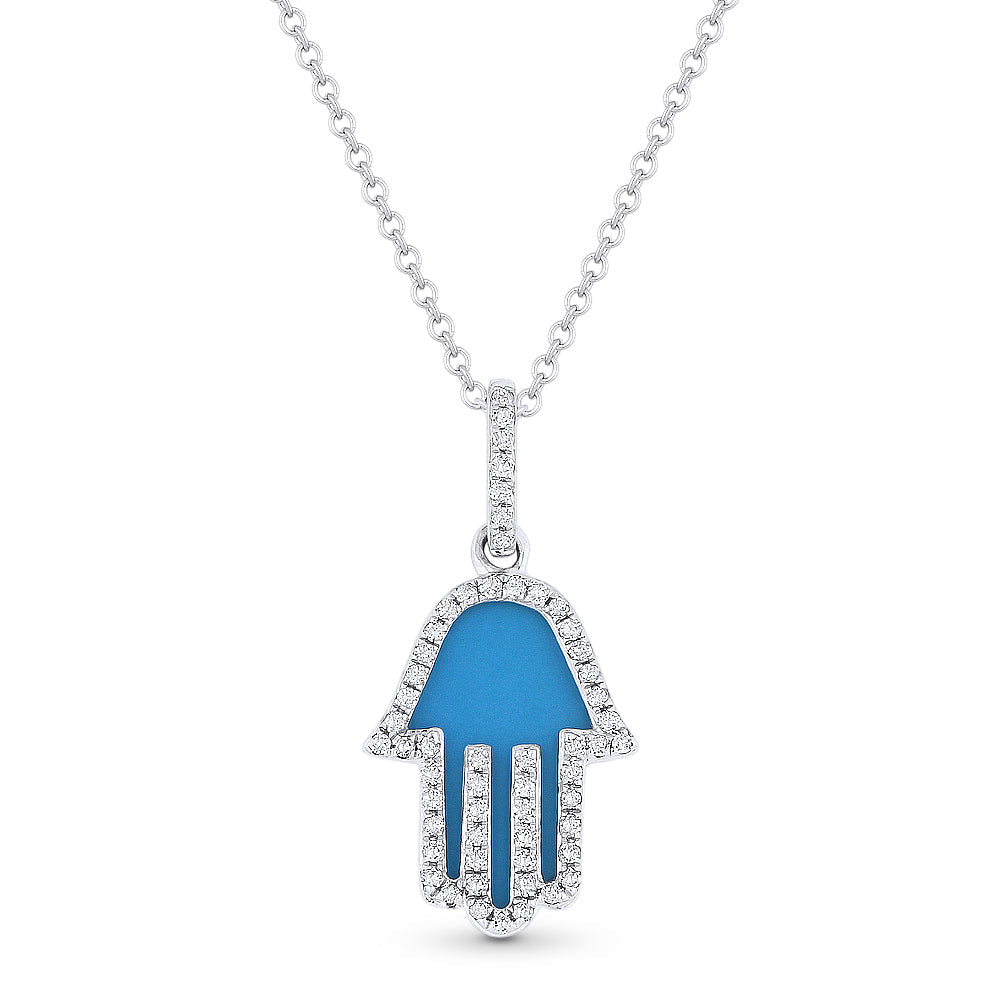 Beautiful Hand Crafted 14K White Gold 10X13MM Turquoise And Diamond Religious Collection Pendant