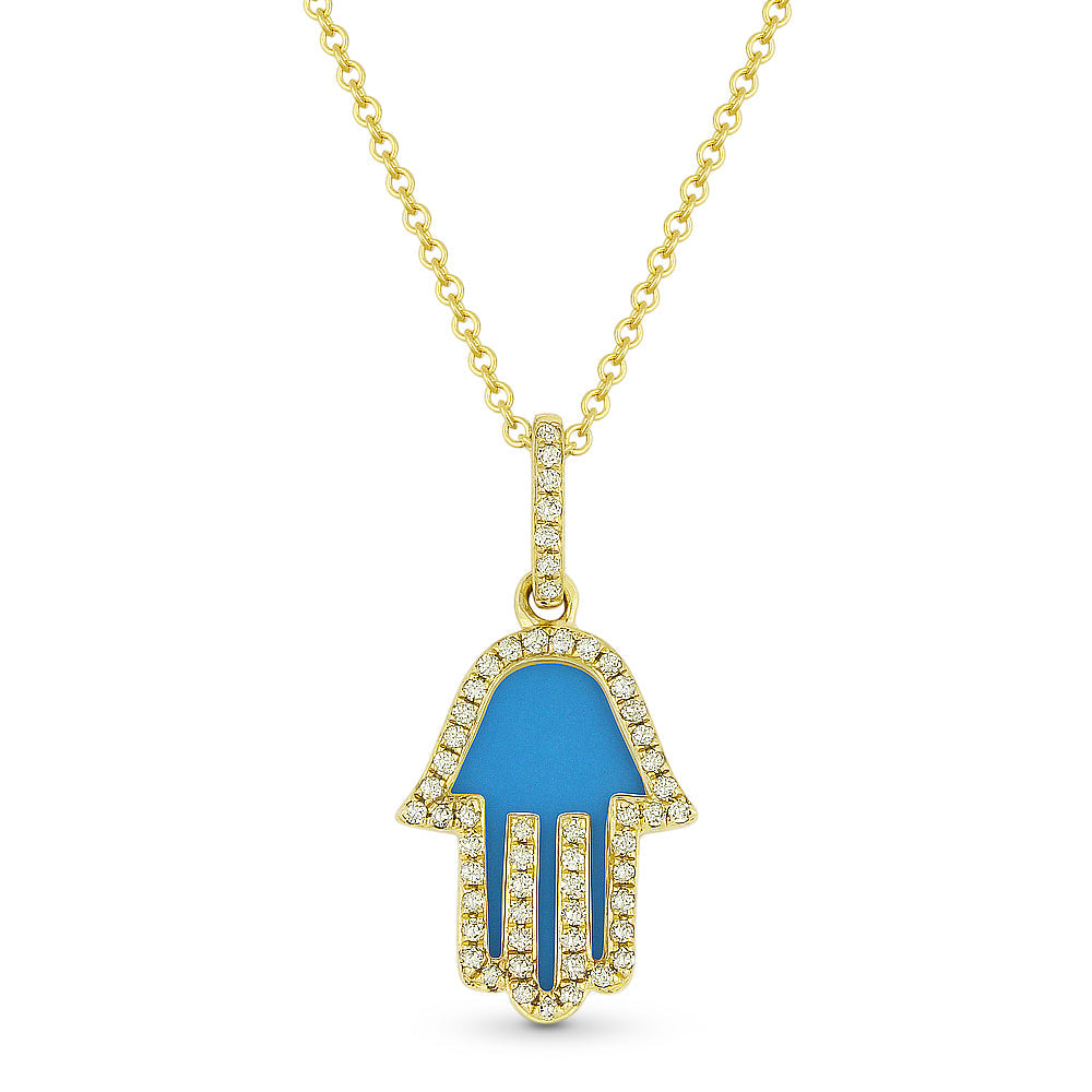 Beautiful Hand Crafted 14K Yellow Gold 10x13MM Turquoise And Diamond Religious Collection Pendant