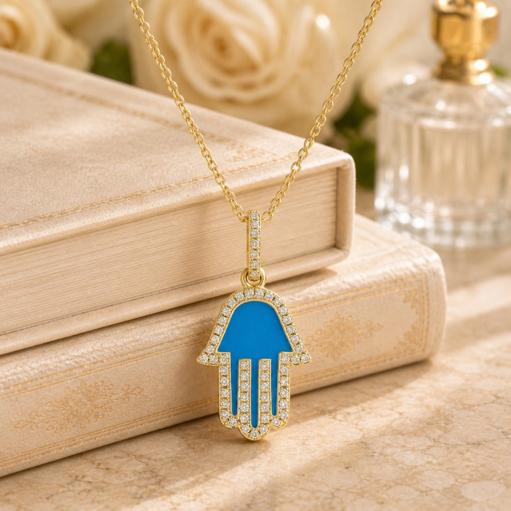 N1804 - 14K Gold Black Onyx, Mother of Pearl & Turquoise Hamsa Pendant