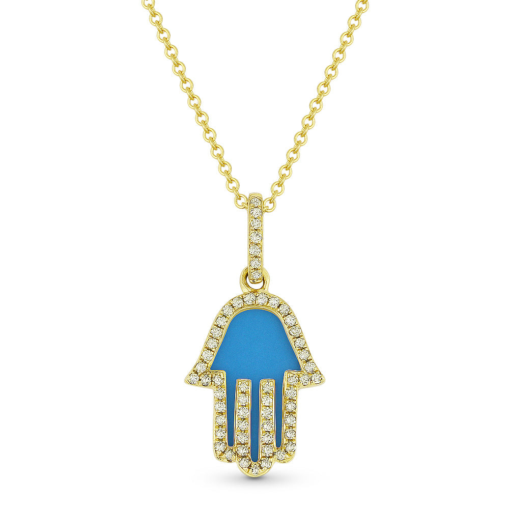 Beautiful Hand Crafted 14K Yellow Gold 10X13MM Turquoise And Diamond Religious Collection Pendant