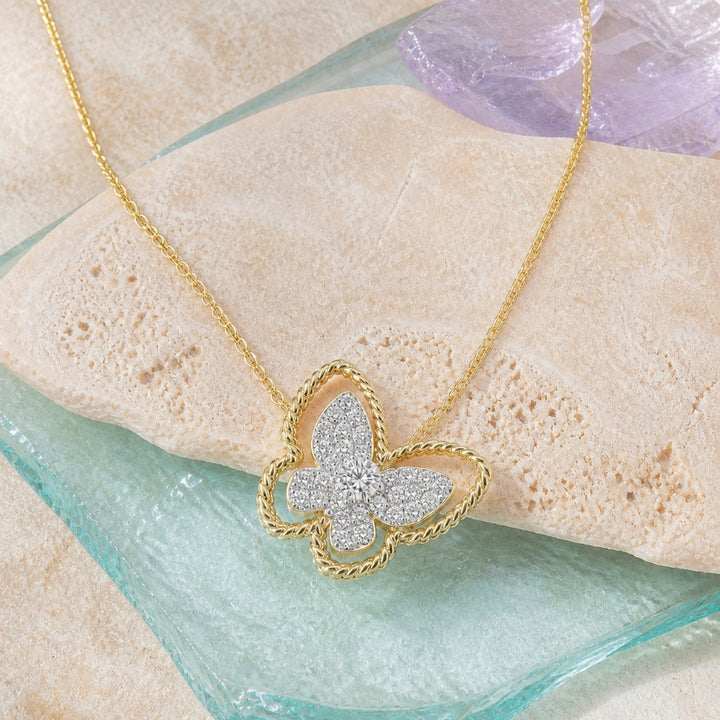 N1820 - 14K Two Tone Gold Diamond Butterfly Necklace