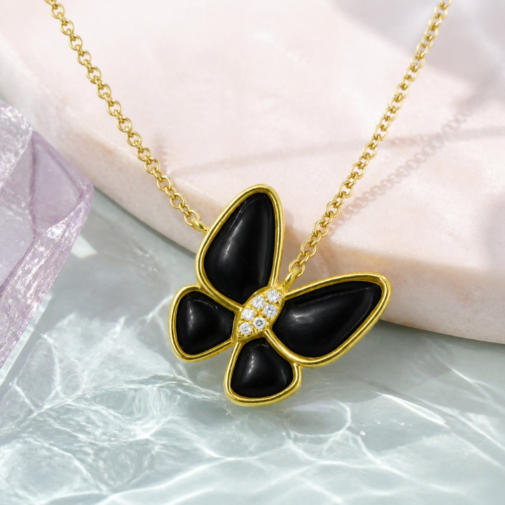 N1841 - 14K Yellow Gold Black Onyx, Mother of Pearl & Turquoise Butterfly Necklace