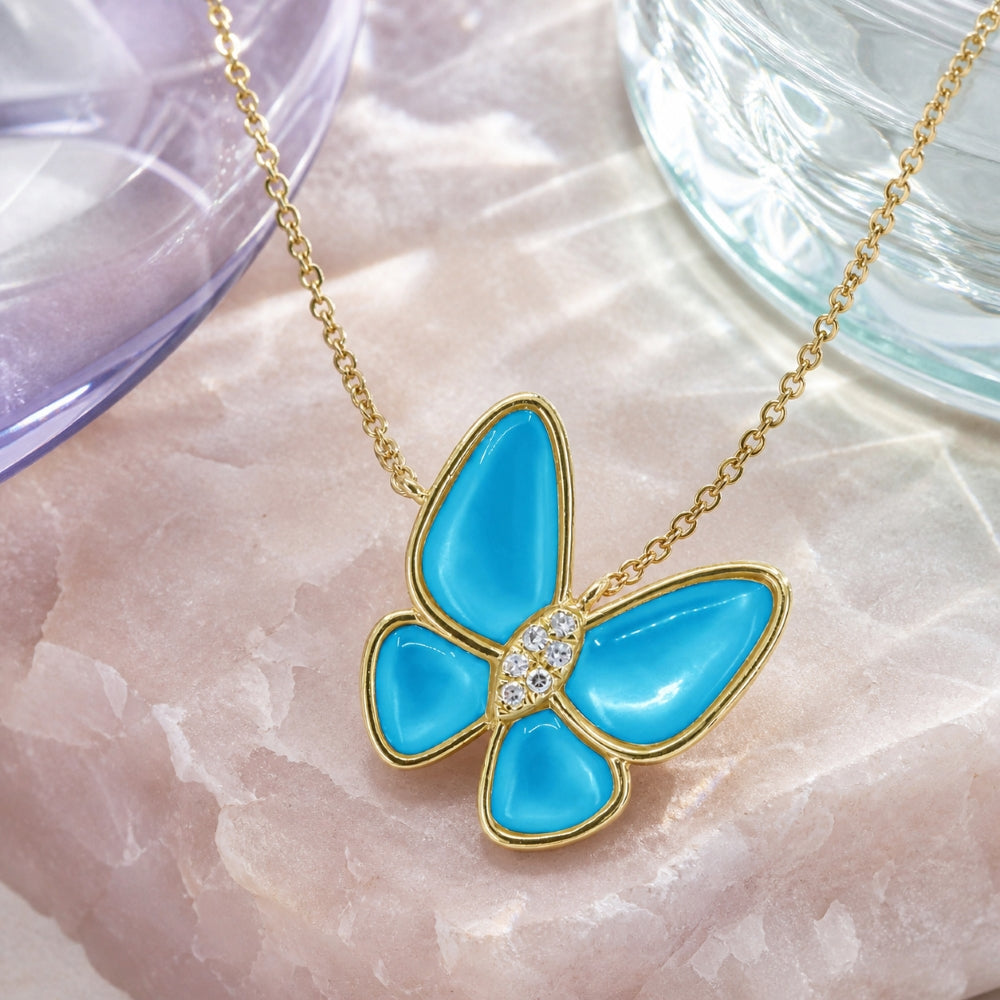 N1841 - 14K Yellow Gold Black Onyx, Mother of Pearl & Turquoise Butterfly Necklace