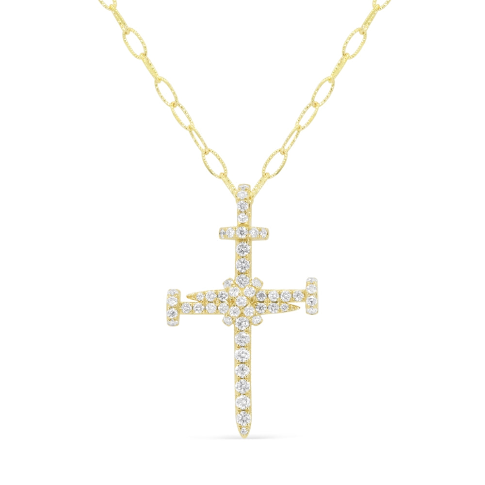 Beautiful Hand Crafted 14K Yellow Gold White Diamond Religious Collection Necklace