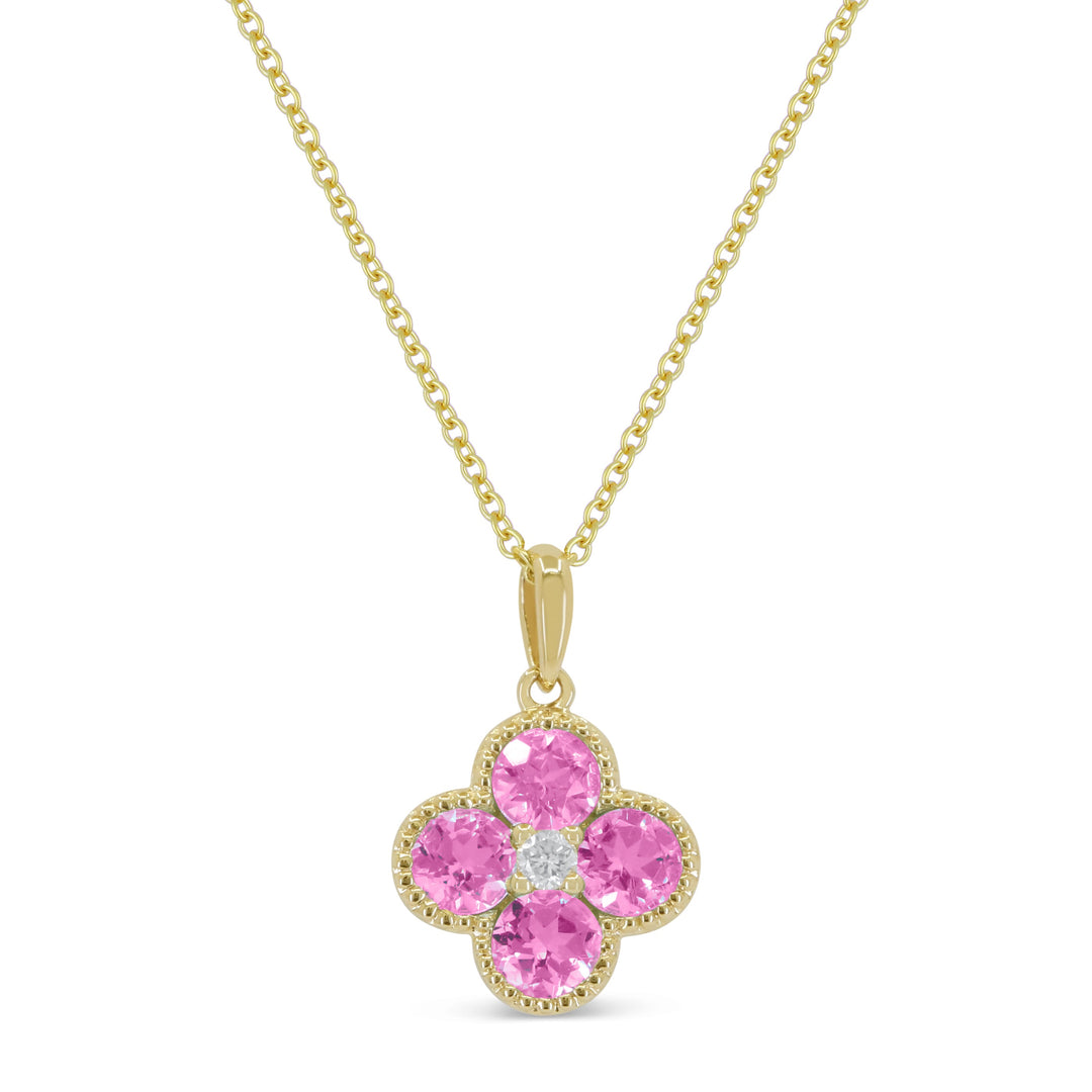 Beautiful Hand Crafted 14K Yellow Gold 3MM Created Pink Sapphire And Diamond Essentials Collection Pendant