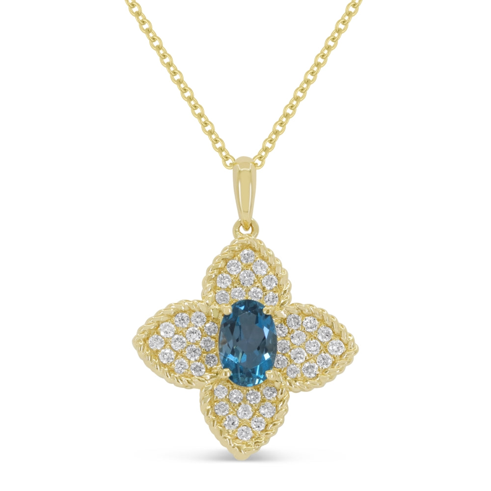 Beautiful Hand Crafted 14K Yellow Gold 4X6MM London Blue Topaz And Diamond Essentials Collection Pendant