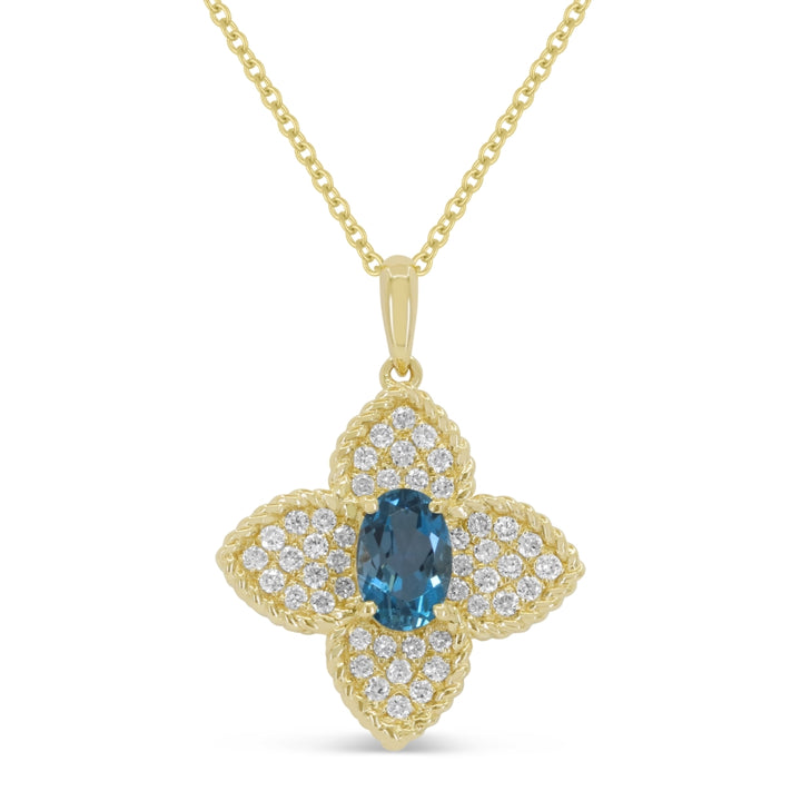 Beautiful Hand Crafted 14K Yellow Gold 4X6MM London Blue Topaz And Diamond Essentials Collection Pendant