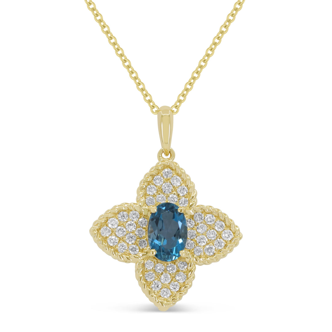 Beautiful Hand Crafted 14K Yellow Gold 4X6MM London Blue Topaz And Diamond Essentials Collection Pendant