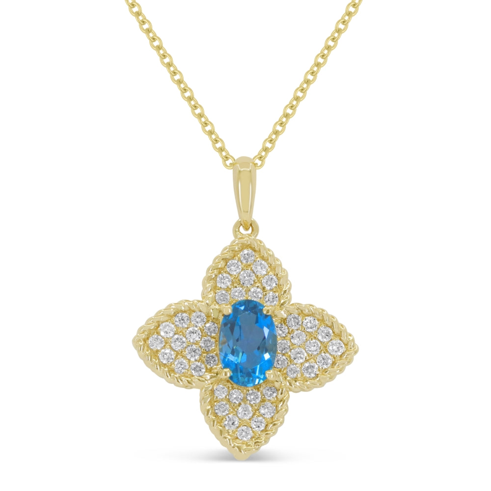 Beautiful Hand Crafted 14K Yellow Gold 4X6MM Swiss Blue Topaz And Diamond Essentials Collection Pendant