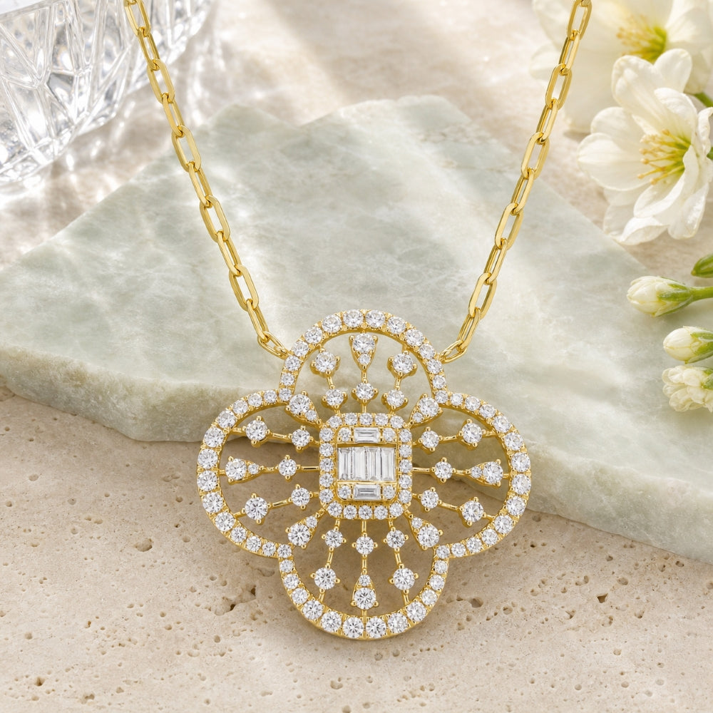 N1890 - 14K Yellow Gold Diamond Flower Necklace