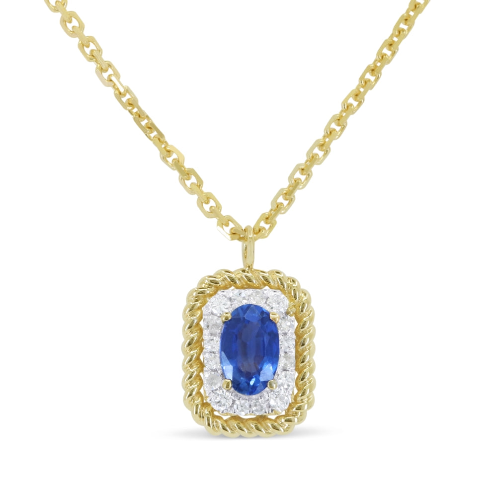 Beautiful Hand Crafted 14K Yellow Gold 3X5MM Created Sapphire And Diamond Essentials Collection Pendant